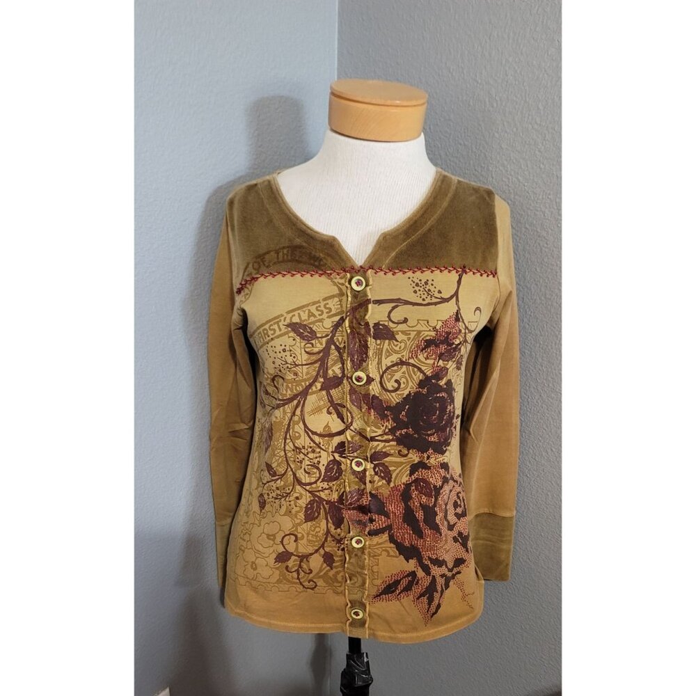 Peck & Peck Weekend Women's Floral Buttoned Top Size Medium  Tan